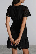 Eyelet Notched Short Sleeve Mini Dress - 6i6