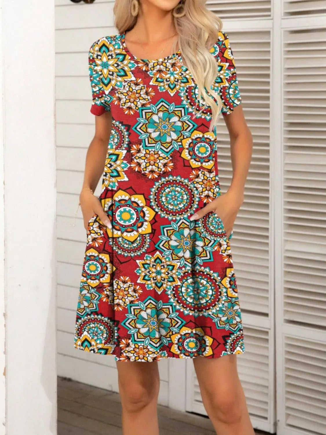 Pocketed Printed Round Neck Short Sleeve Mini Dress - 6i6