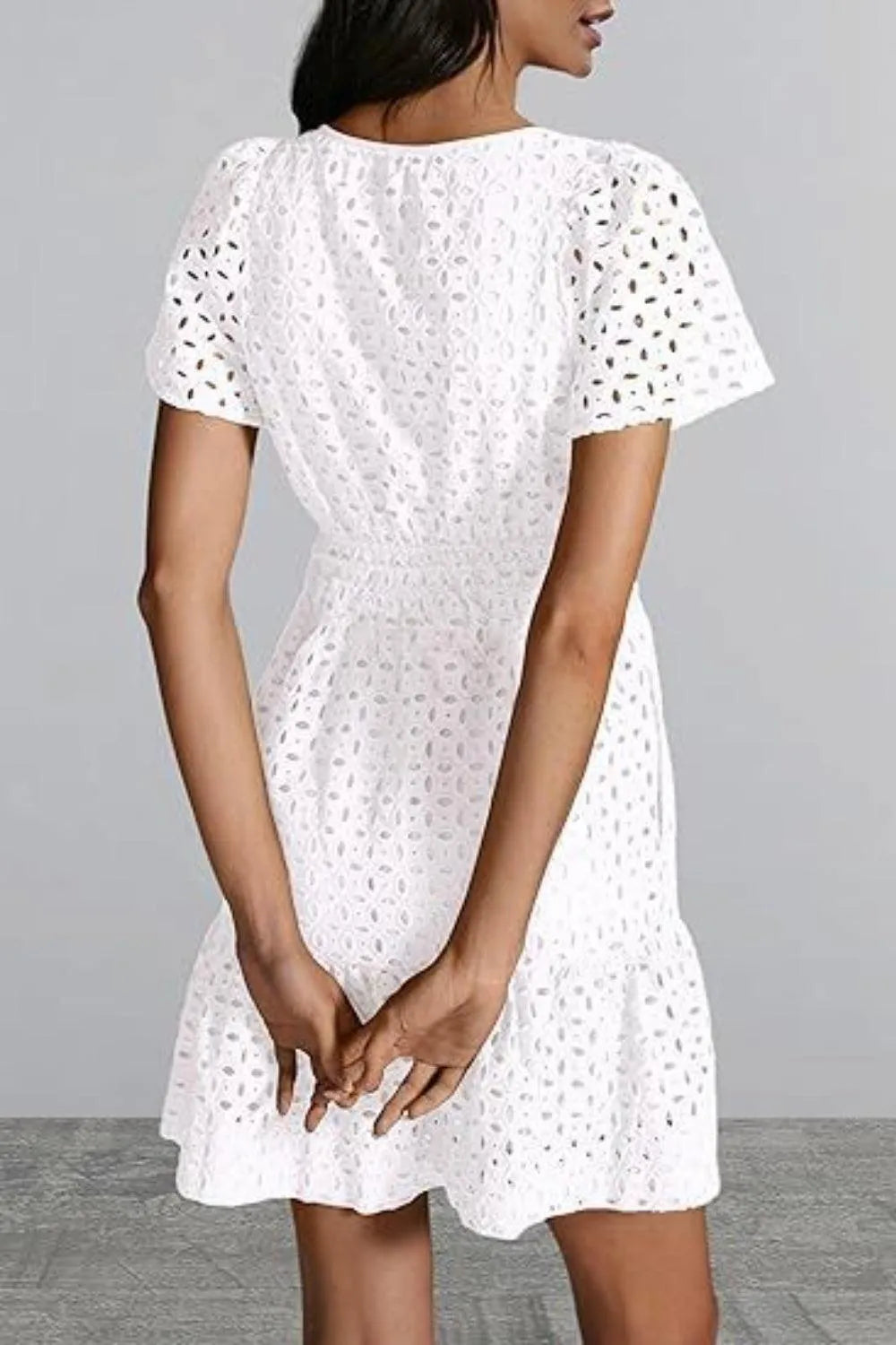 Eyelet Notched Short Sleeve Mini Dress - 6i6