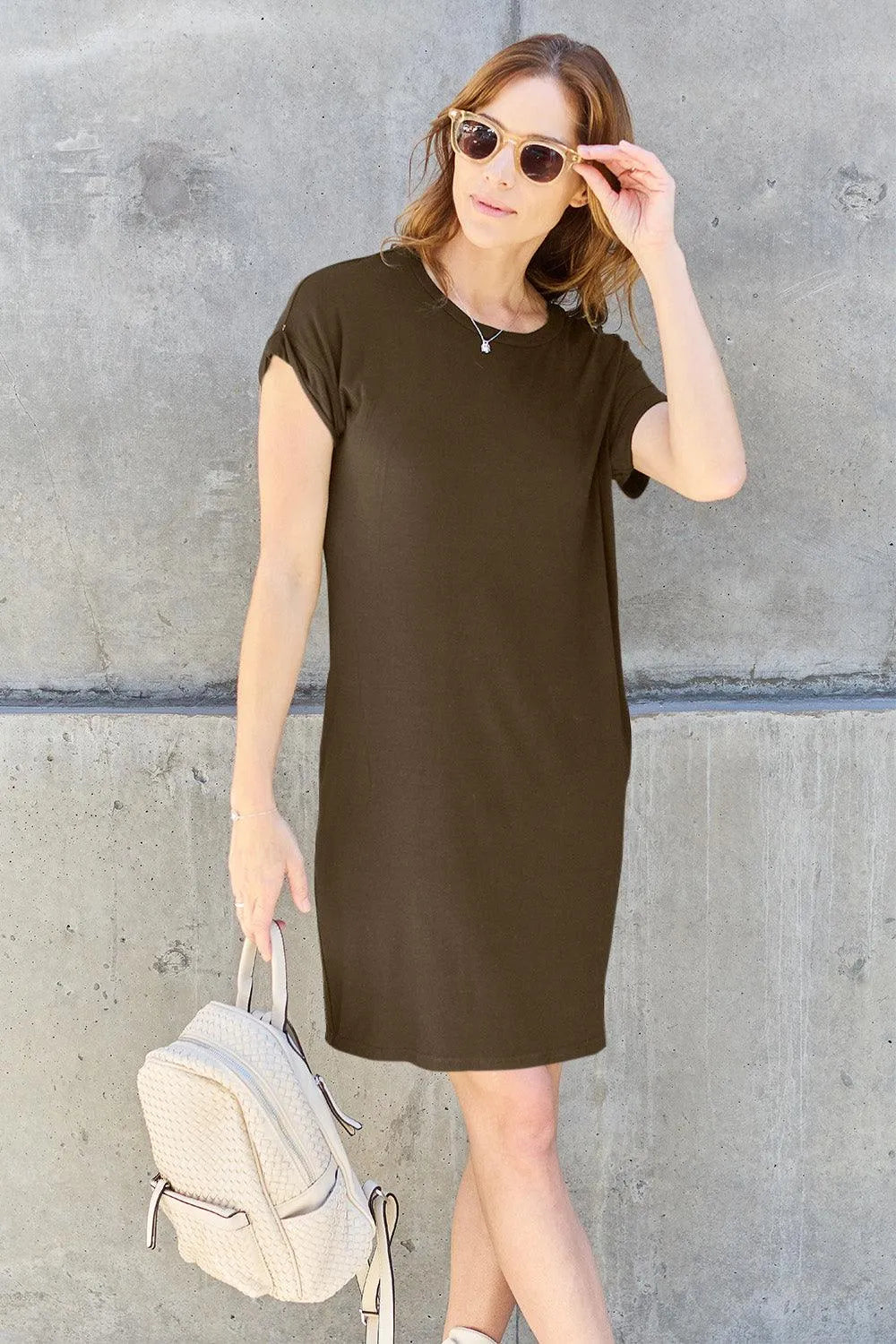 Basic Bae Full Size Round Neck Short Sleeve Dress with Pockets - 6i6