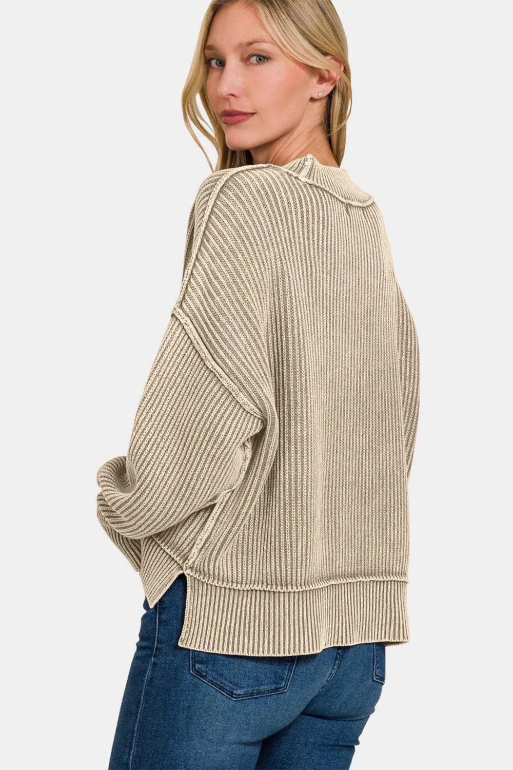 Zenana Exposed Seam Round Neck Dropped Shoulder Sweater - 6i6