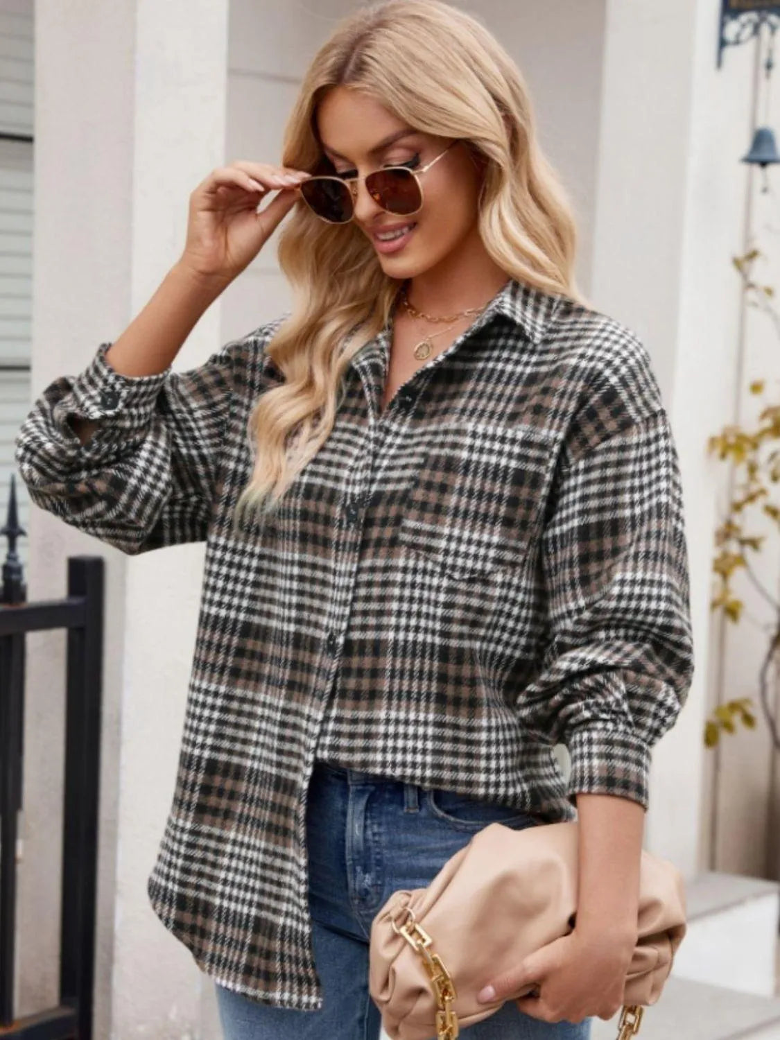 Pocketed Plaid Collared Neck Long Sleeve Shirt - 6i6