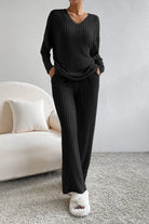 Ribbed V-Neck Top and Pants Lounge Set - 6i6