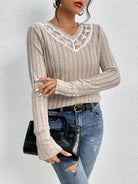 Lace Detail Ribbed V-Neck Long Sleeve Top - 6i6