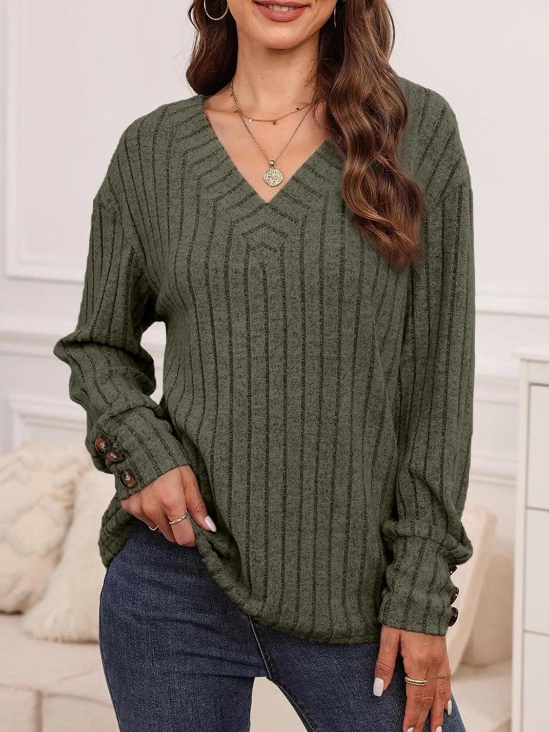 Ribbed V-Neck Long Sleeve T-Shirt - 6i6