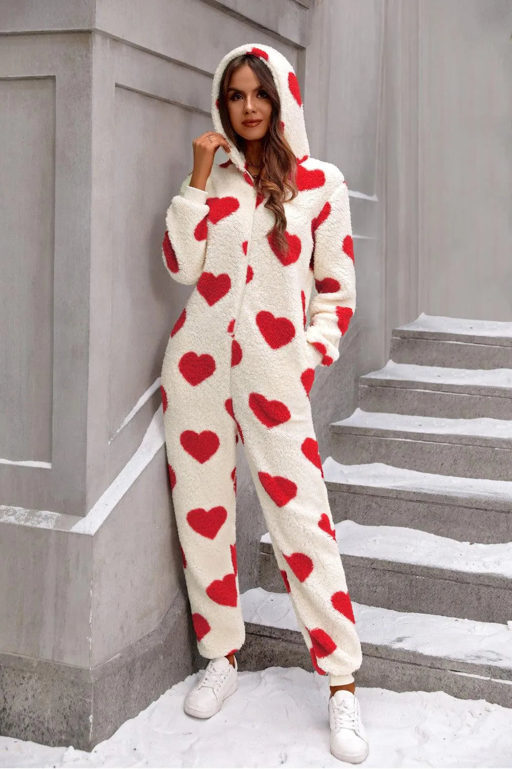 Fuzzy Heart Zip Up Hooded Lounge Jumpsuit - 6i6