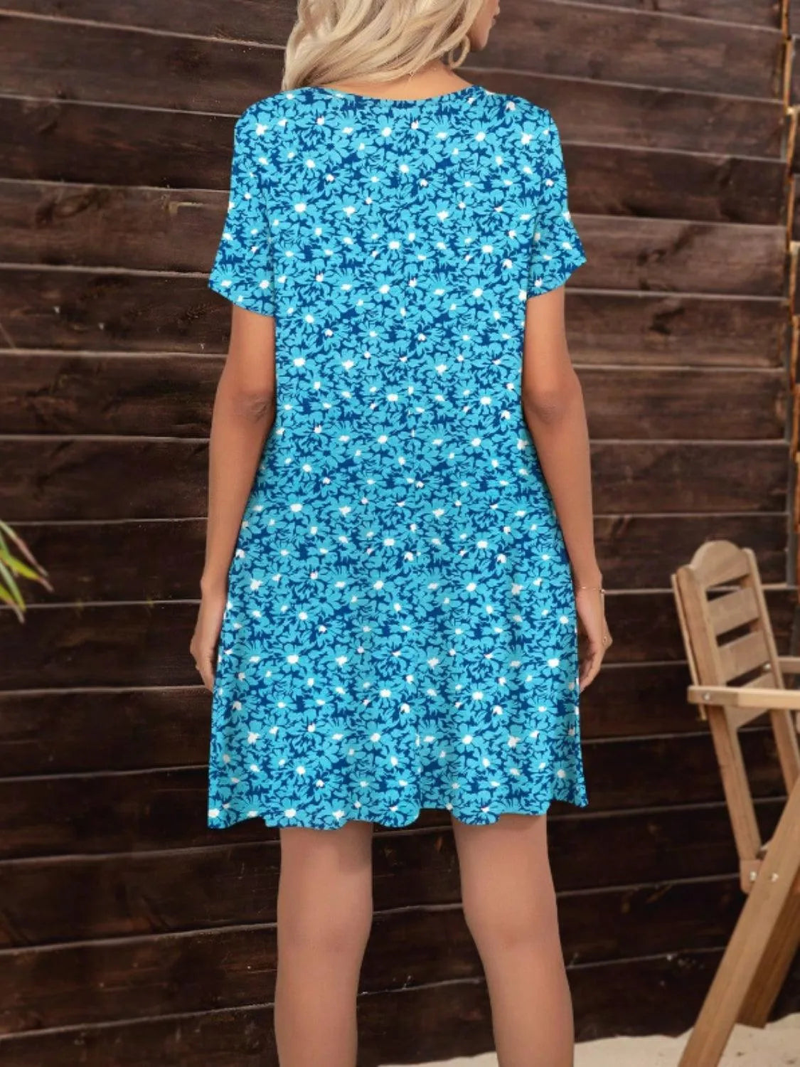 Pocketed Printed Round Neck Short Sleeve Mini Dress - 6i6