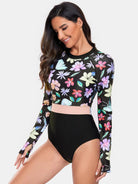 Flower Round Neck Long Sleeve One-Piece Swimwear - 6i6