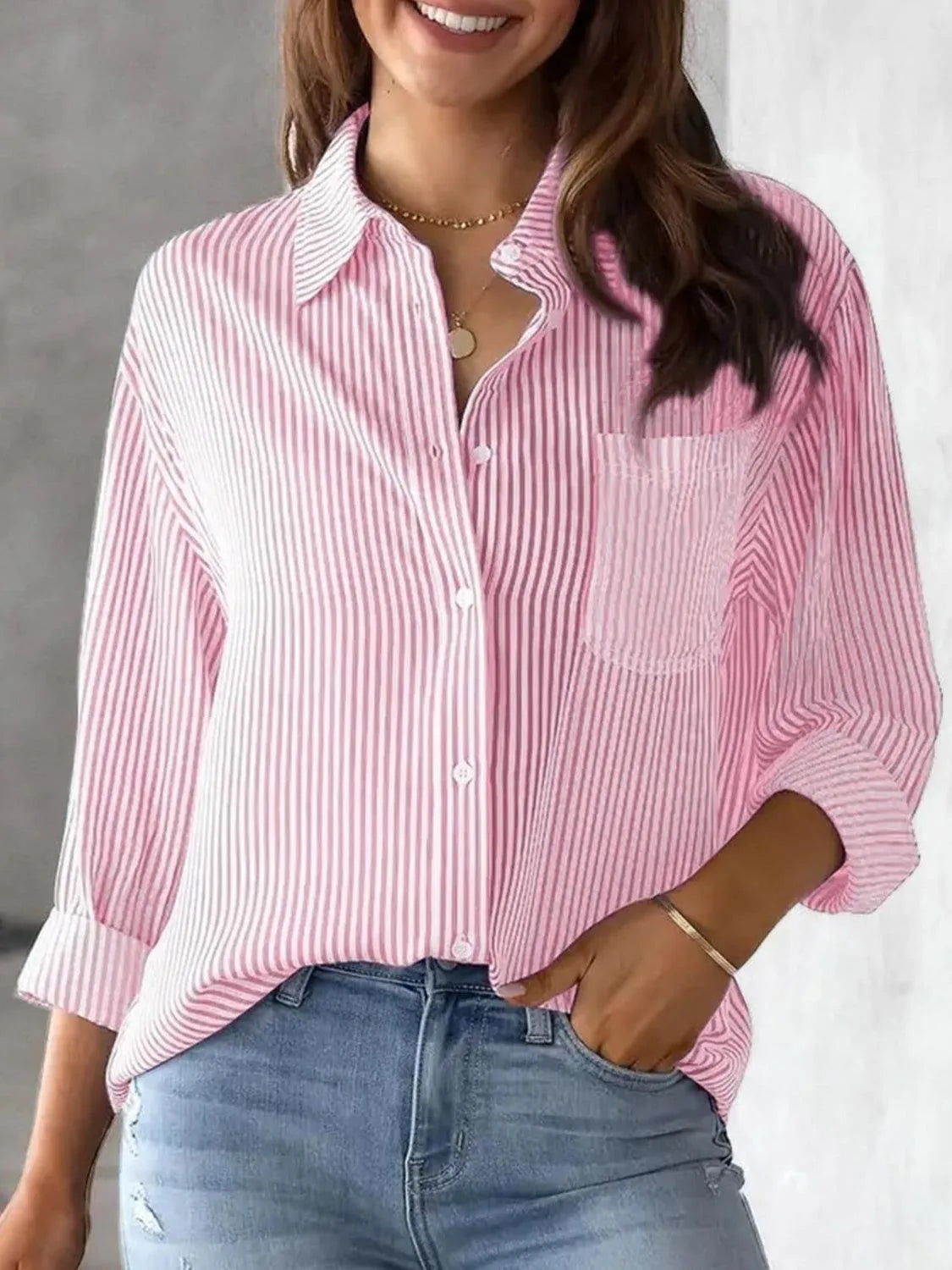 Striped Collared Neck Long Sleeve Shirt - 6i6