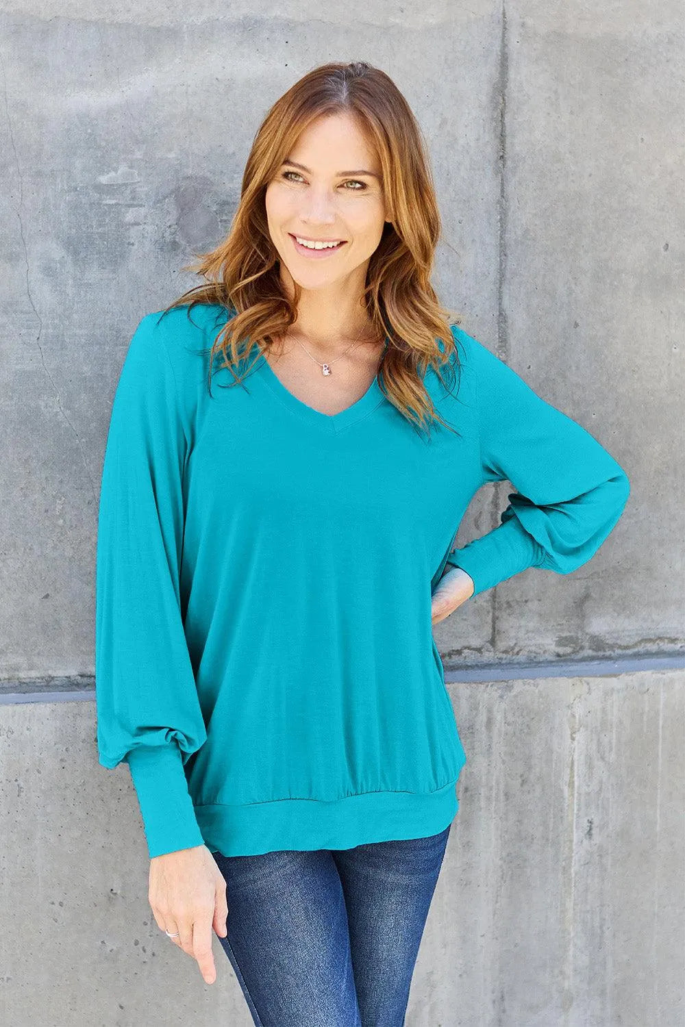 Basic Bae Full Size V-Neck Lantern Sleeve Top - 6i6