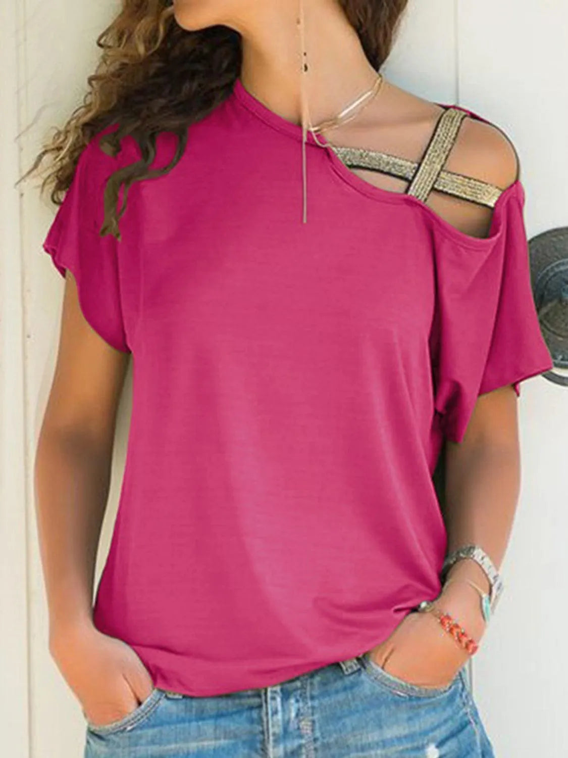 Asymmetrical Neck Short Sleeve T-Shirt - 6i6