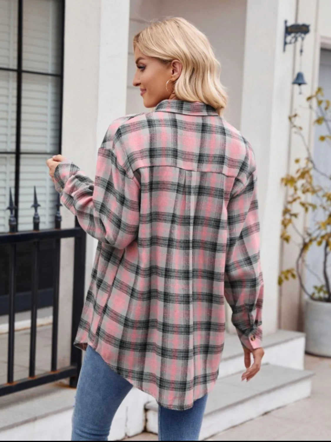 Pocketed Plaid Collared Neck Long Sleeve Shirt - 6i6