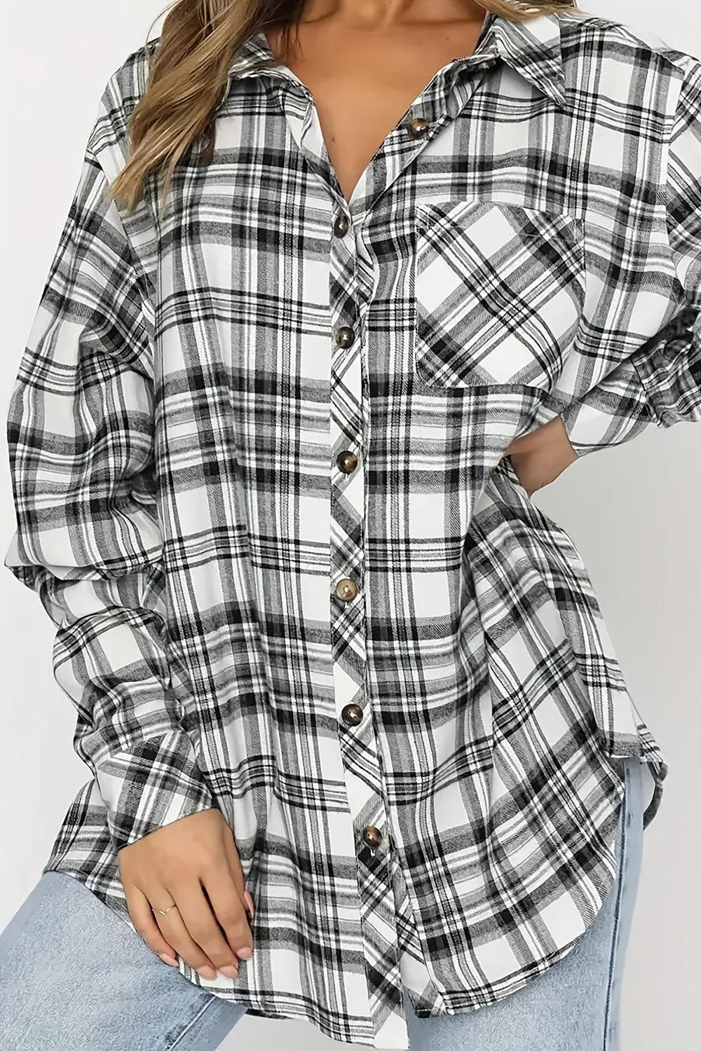 Plaid Collared Neck Long Sleeve Shirt - 6i6