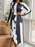 Asymmetrical Slit Round Neck Long Sleeve Midi Dress - 6i6