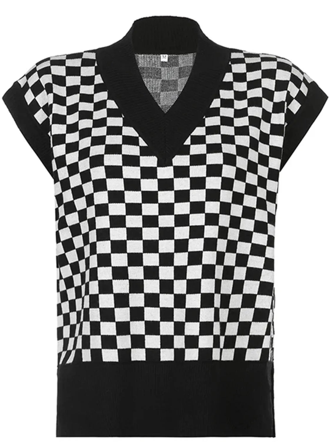 Full Size Checkered V-Neck Cap Sleeve Sweater - 6i6