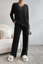 Ribbed V-Neck Top and Pants Lounge Set - 6i6