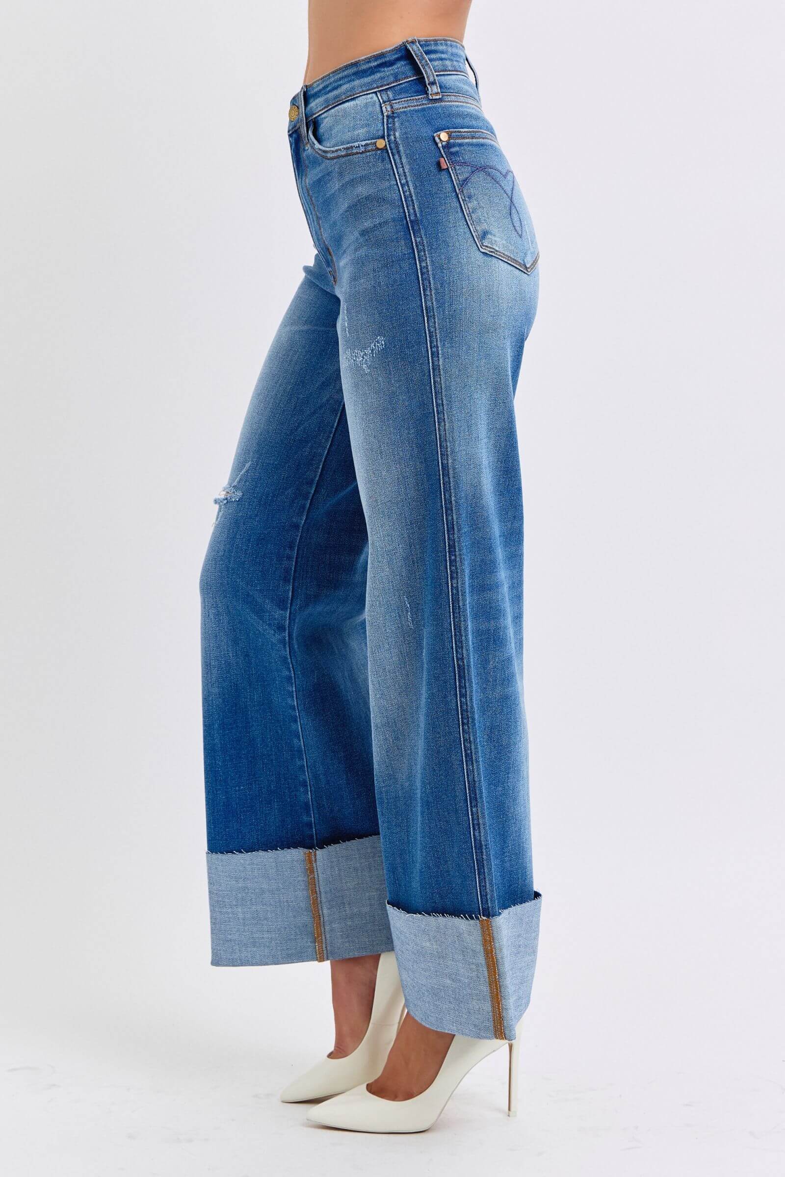 Judy Blue full-size distressed high waist wide leg jeans with a relaxed fit and stylish distressed details, available at 6i6.com