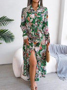 Tied Printed Long Sleeve Midi Dress - 6i6