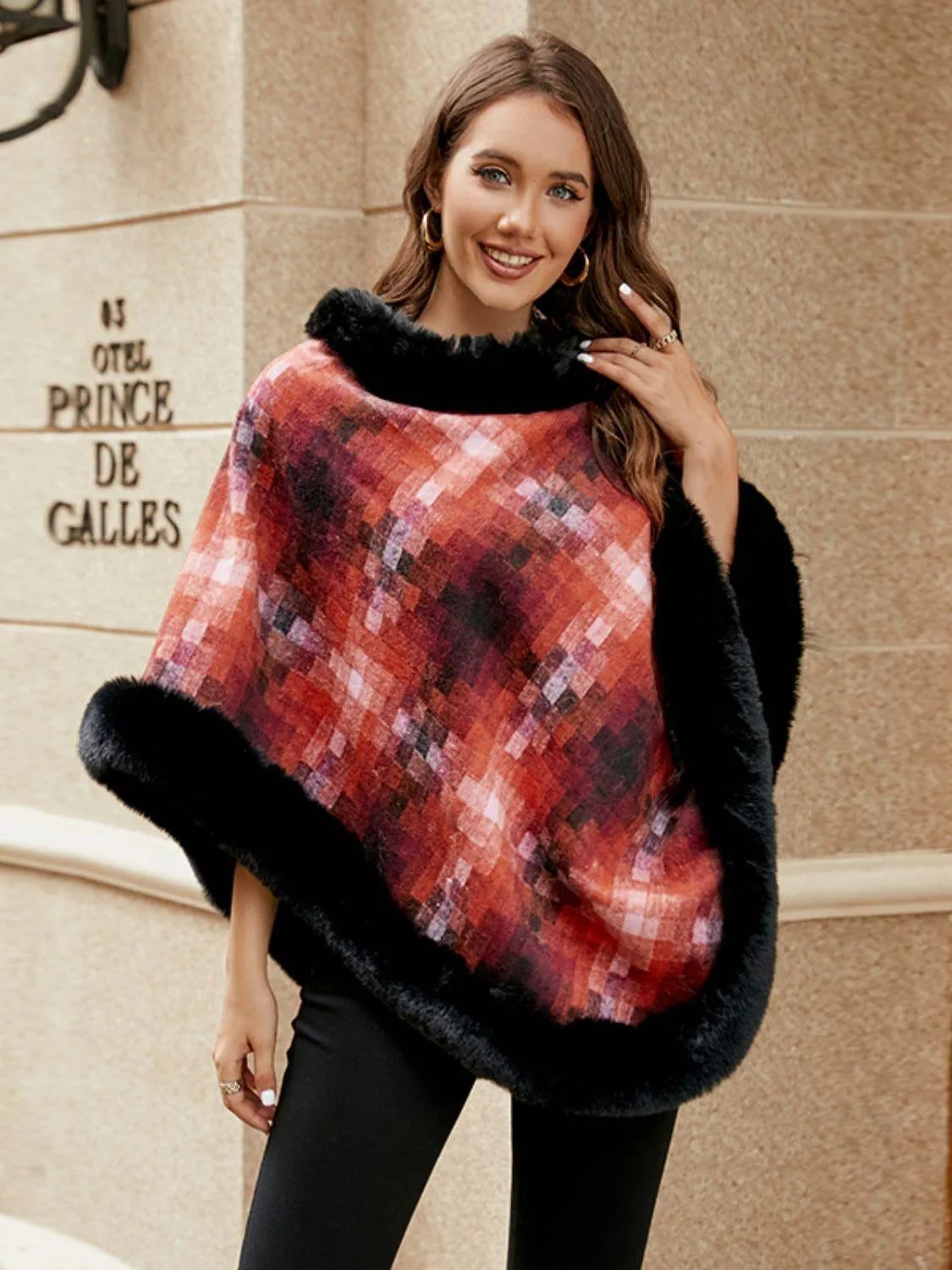 Faux Fur Trim Poncho - 6i6