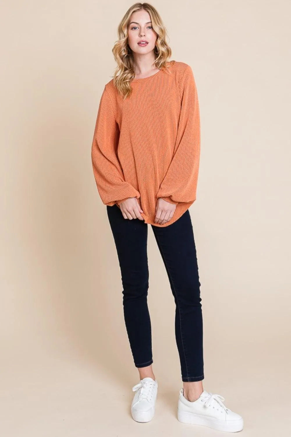 BOMBOM Long Sleeve Curved Hem Ribbed T-Shirt - 6i6