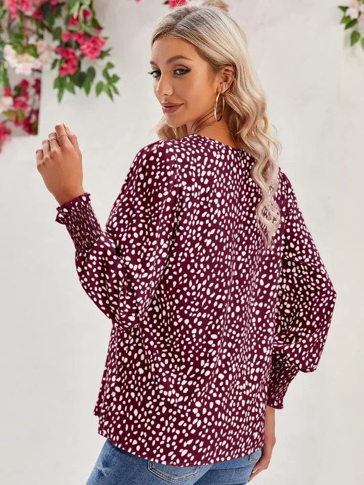 Printed V-Neck Lantern Sleeve Blouse - 6i6