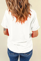 Woman wearing a white short sleeve T-shirt from the back, showcasing a casual style and relaxed fit.