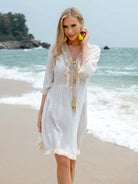 Tassel V-Neck Three-Quarter Sleeve Cover Up - 6i6