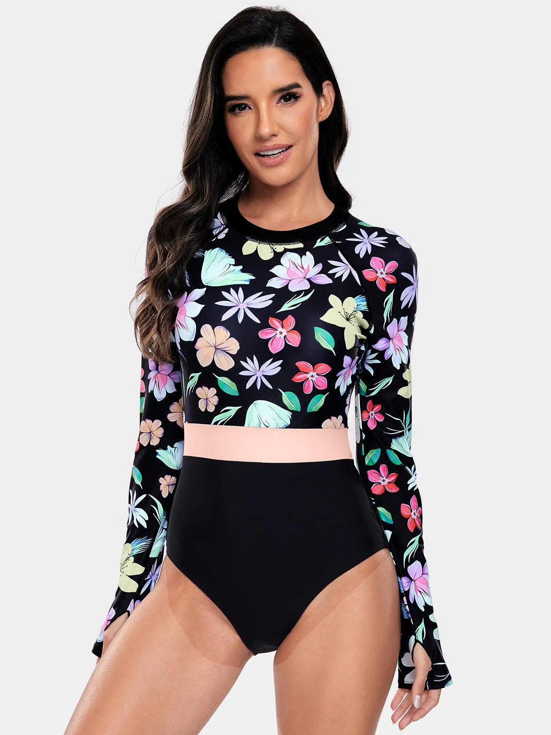 Flower Round Neck Long Sleeve One-Piece Swimwear - 6i6