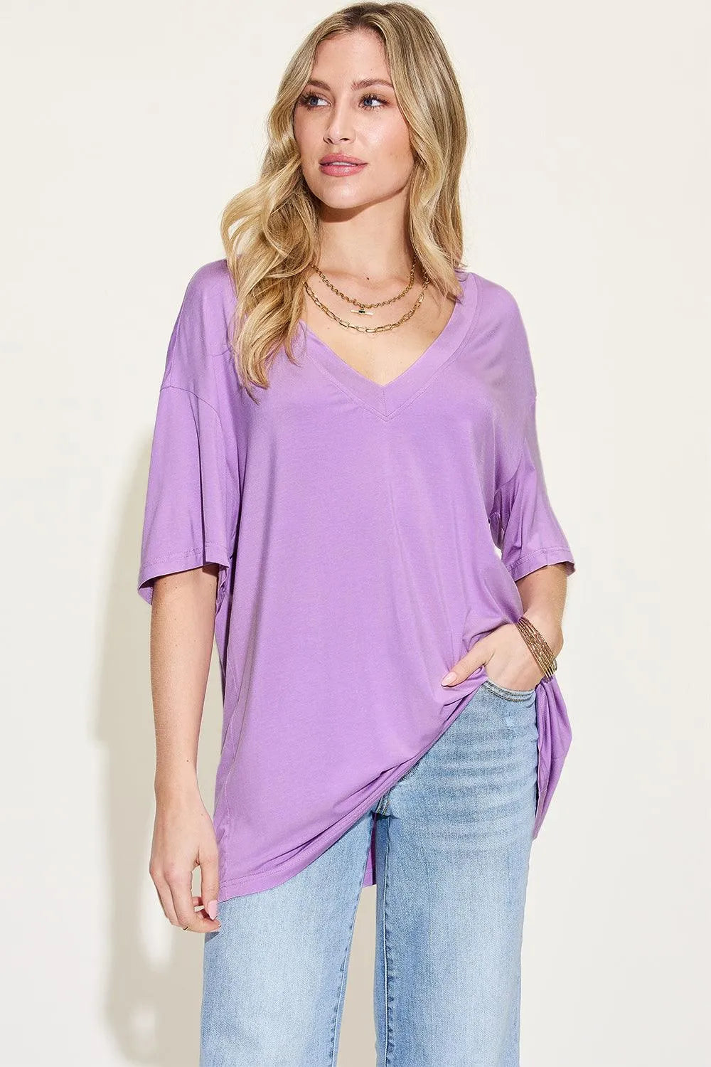 Basic Bae Full Size Bamboo V-Neck Drop Shoulder T-Shirt - 6i6