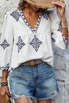 Printed V-Neck Three-Quarter Sleeve Blouse - 6i6