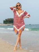 Fringe V-Neck Half Sleeve Cover-Up - 6i6