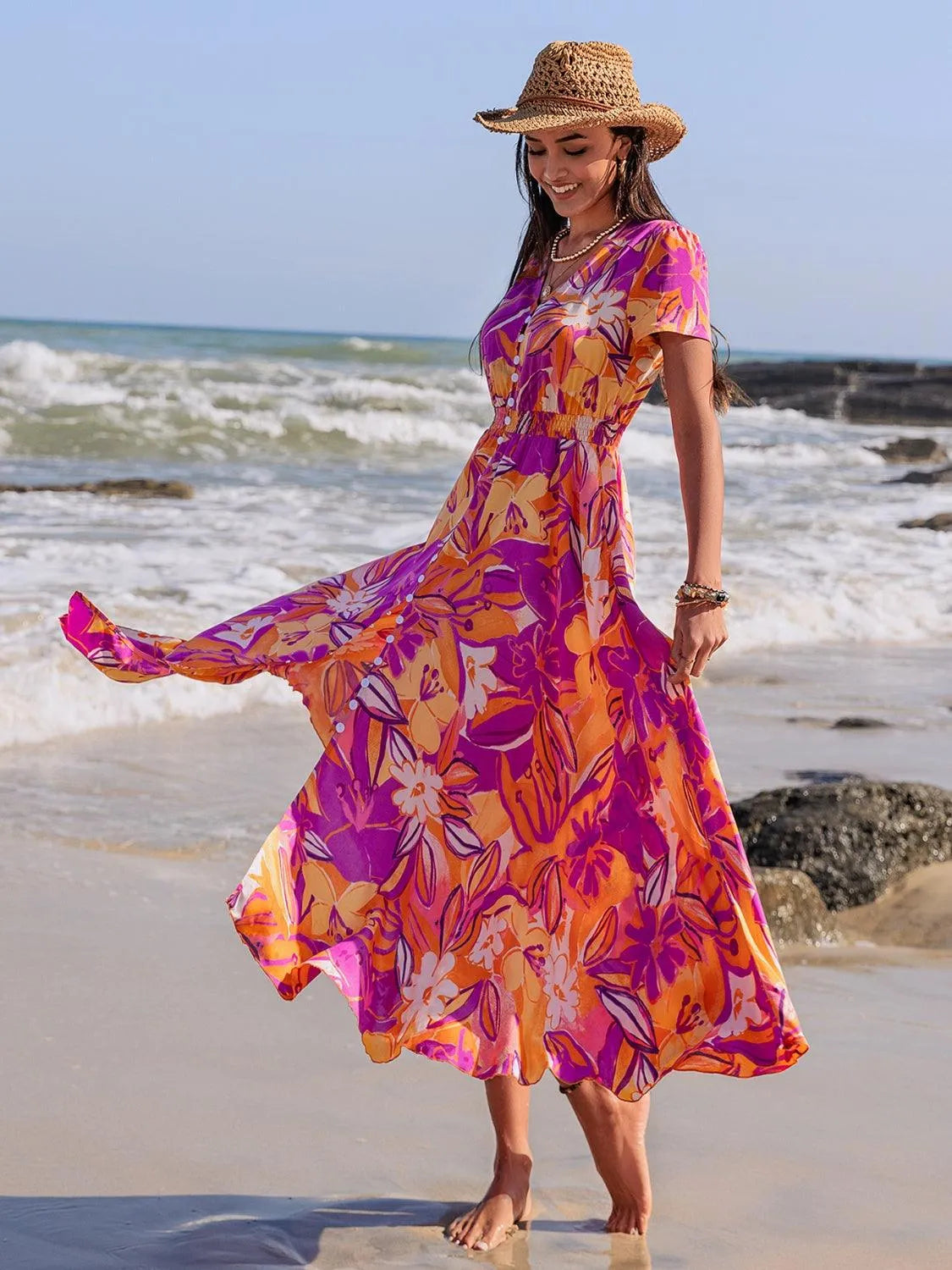 Printed V-Neck Short Sleeve Midi Dress - 6i6