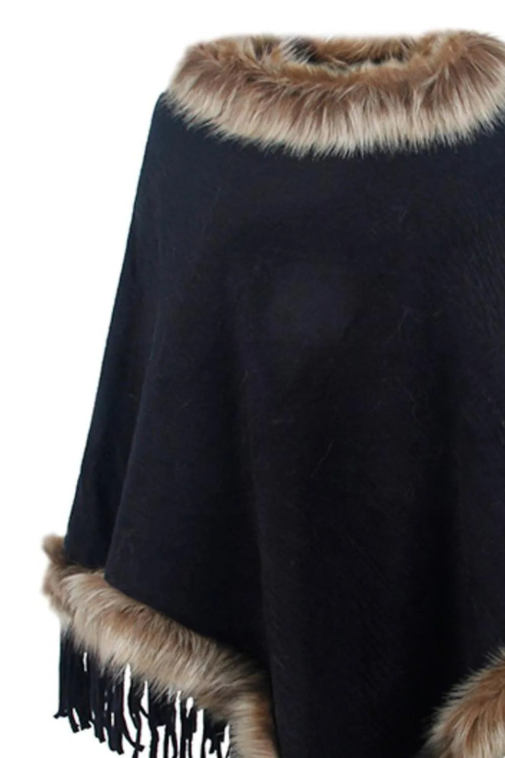 Faux Fur Trim Fringed Poncho - 6i6