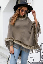 Faux Fur Trim Fringed Poncho - 6i6