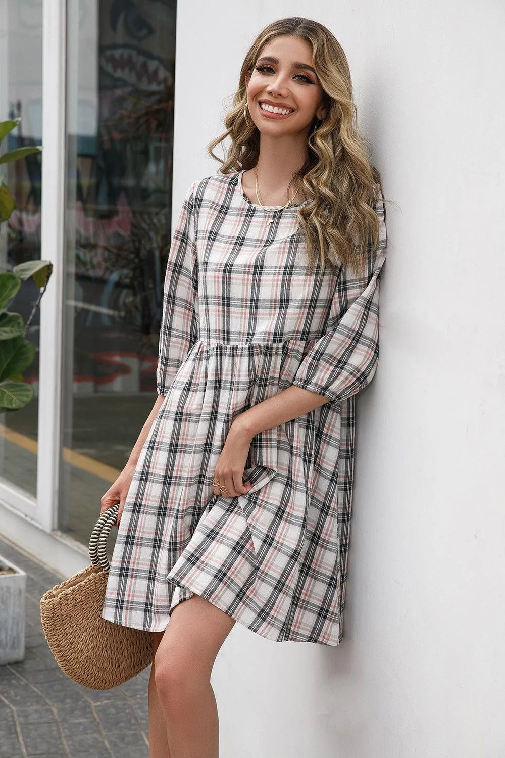 Plaid Round Neck Mini Dress - 6i6