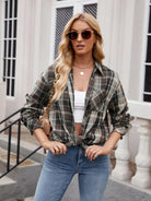 Pocketed Plaid Collared Neck Long Sleeve Shirt - 6i6