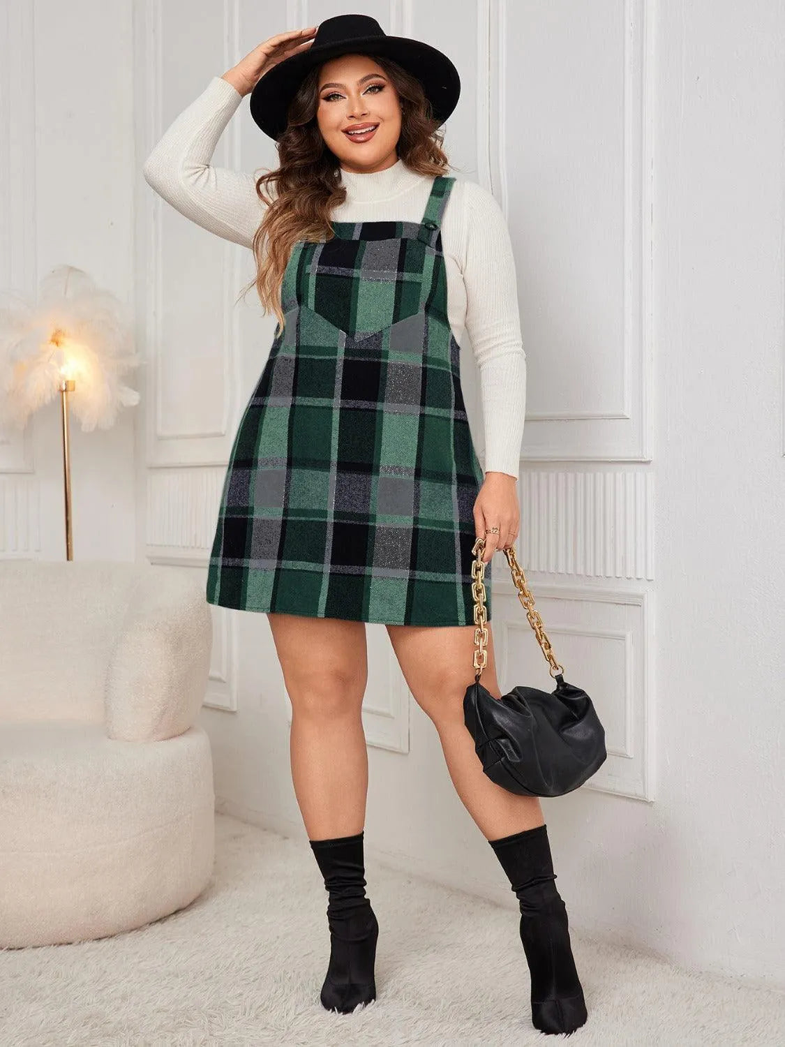 Plus Size Plaid Wide Strap Overall Dress - 6i6