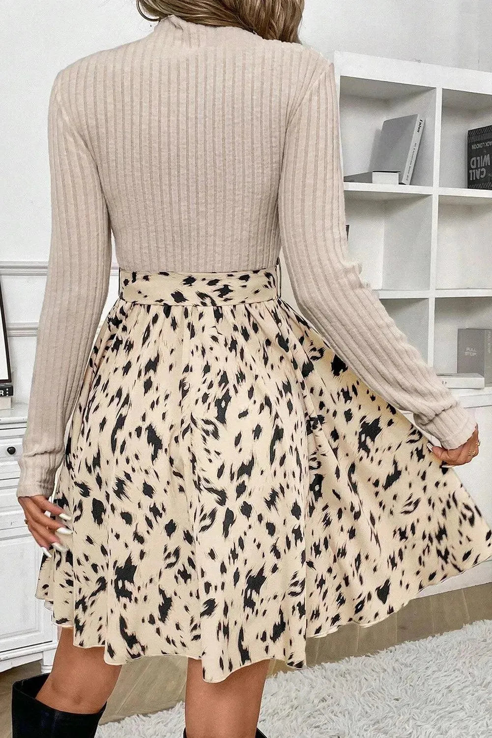 Tied Printed Mock Neck Long Sleeve Dress - 6i6