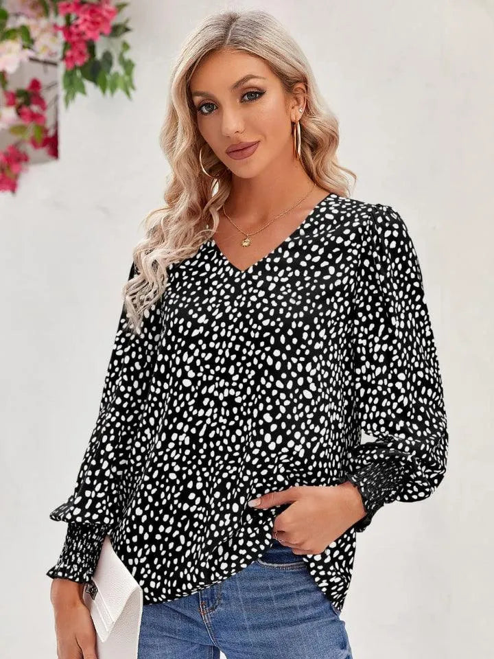 Printed V-Neck Lantern Sleeve Blouse - 6i6