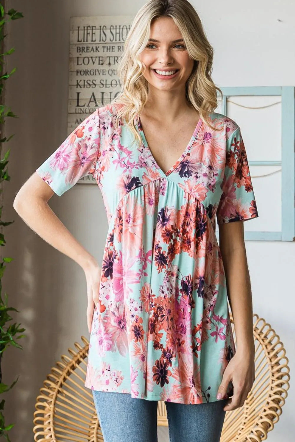 Heimish Full Size Floral V-Neck Short Sleeve Babydoll Blouse - 6i6