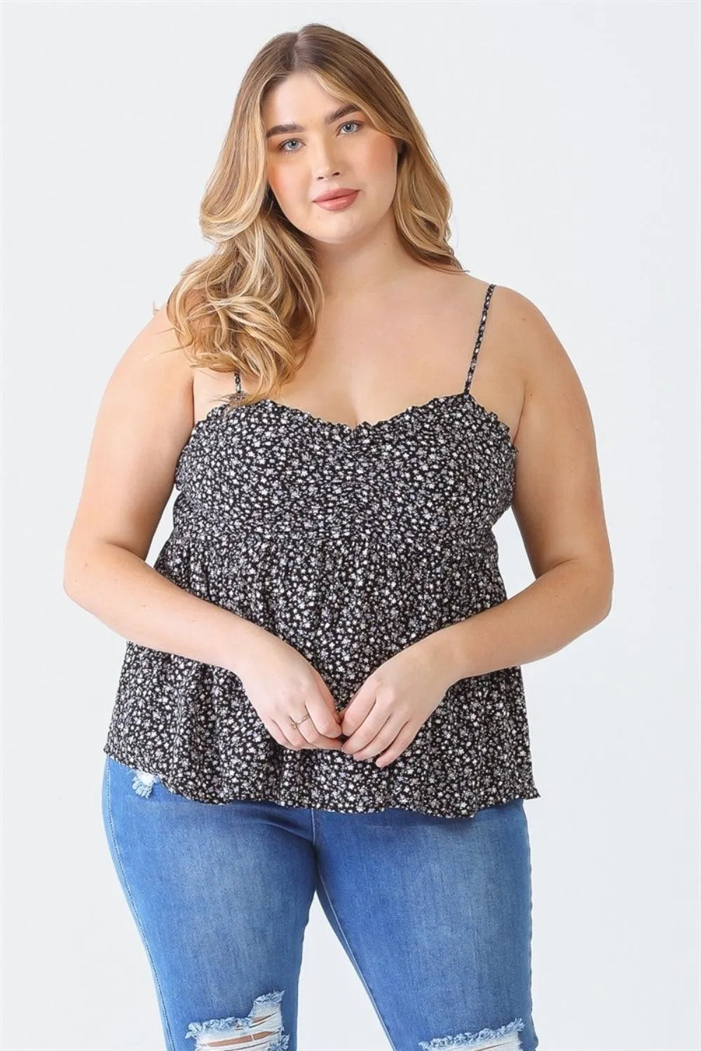 Zenobia Plus Size Frill Smocked Floral Sweetheart Neck Cami - 6i6