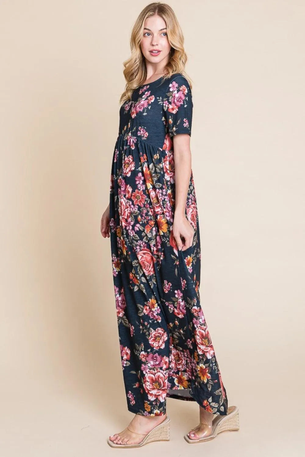 BOMBOM Floral Short Sleeve Maxi Dress - 6i6