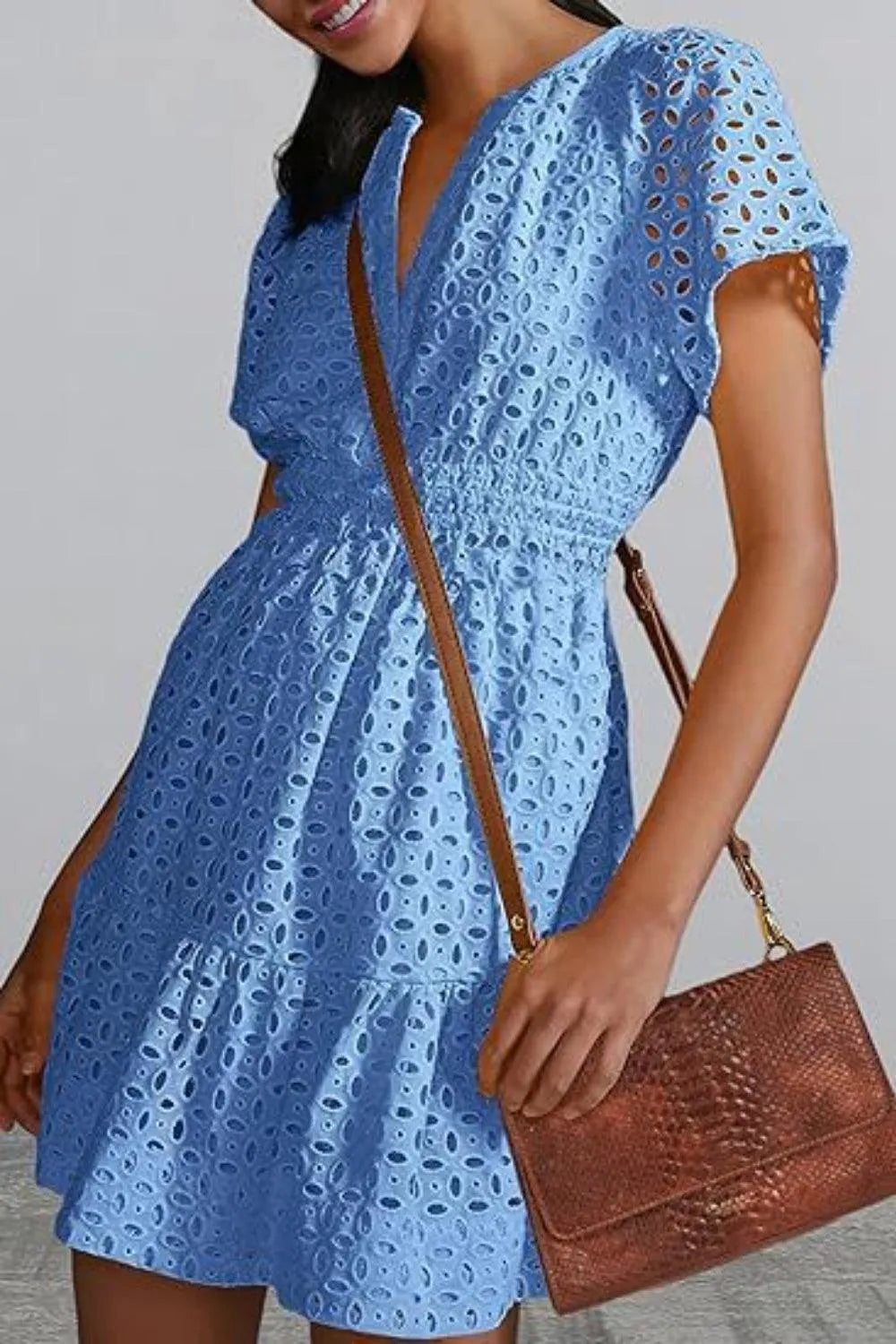 Eyelet Notched Short Sleeve Mini Dress - 6i6