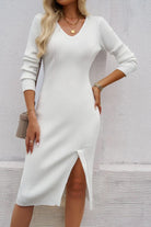 Slit V-Neck Long Sleeve Midi Dress - 6i6