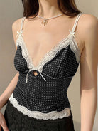 Devine Lace Detail Polka Dot V-Neck Cami for women with delicate lace trim, perfect for stylish summer outfits.