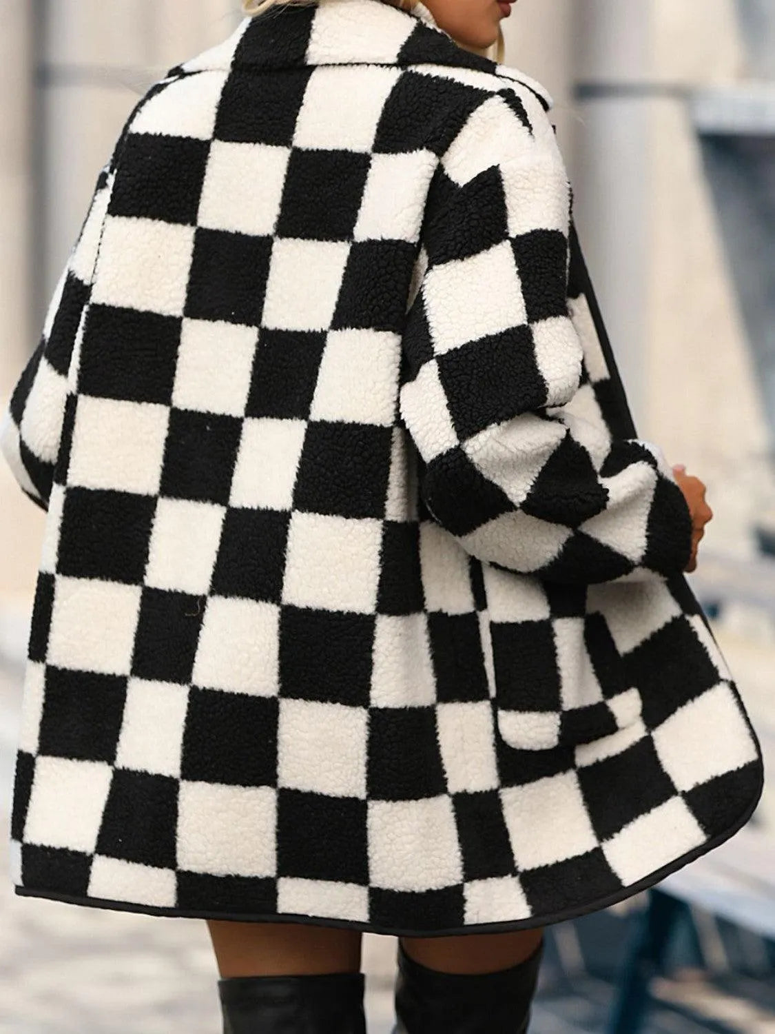 Double Take Full Size Checkered Button Front Coat with Pockets - 6i6