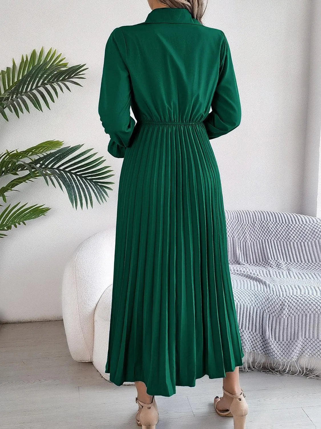 Pleated Half Button Long Sleeve Midi Dress - 6i6