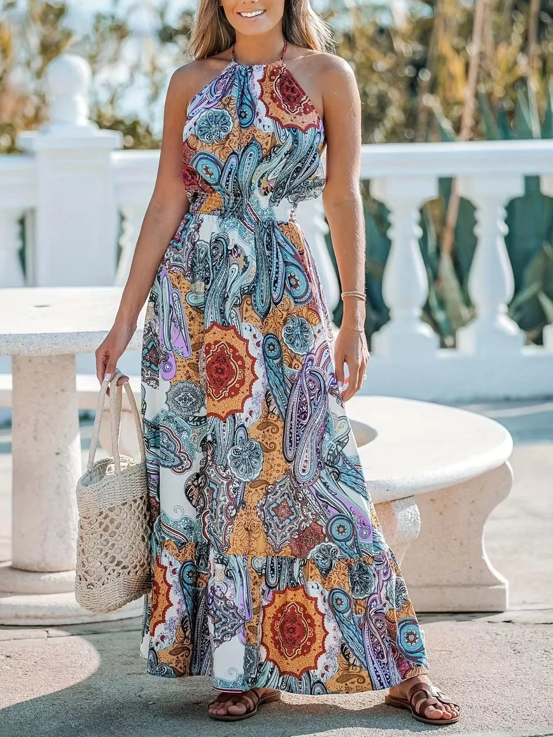 Printed Halter Neck Maxi Dress - 6i6