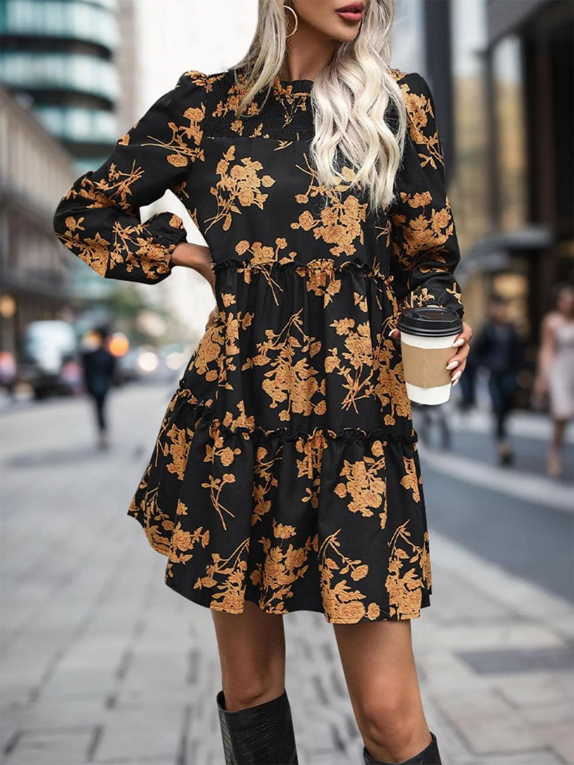 Frill Printed Long Sleeve Mini Dress - 6i6