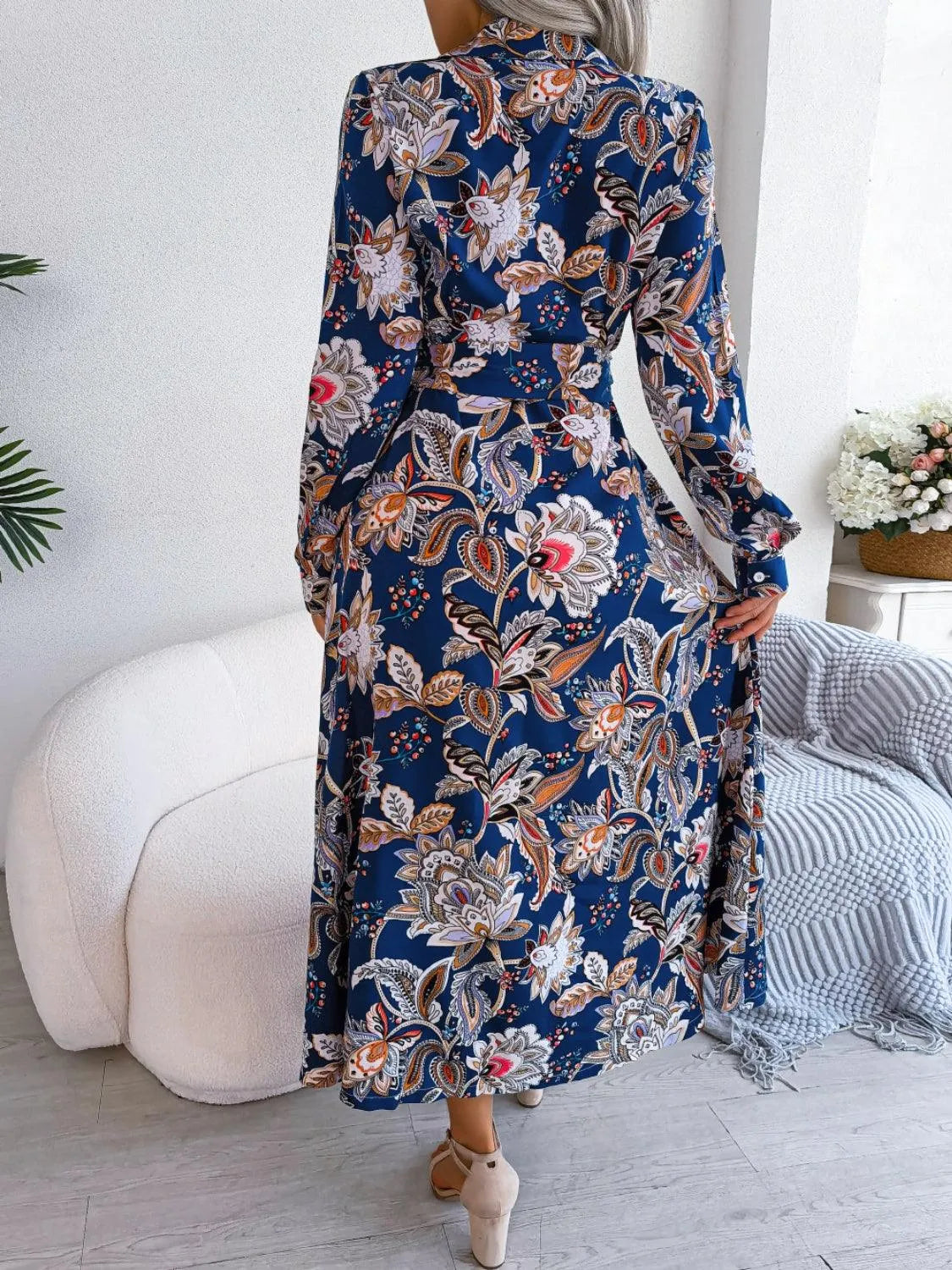 Tied Printed Long Sleeve Midi Dress - 6i6